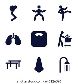 Body icons set. set of 9 body filled icons such as nose, shower, lungs, father with not in shopping cart, floor scales, horizontal bar
