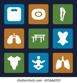 Body icons set. set of 9 body filled icons such as baby onesie, soap, tights, corset, lungs, floor scales, horizontal bar