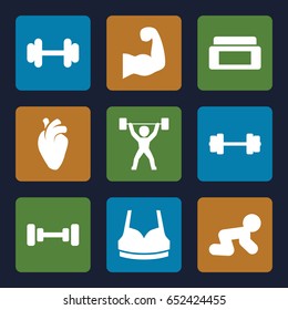 Body icons set. set of 9 body filled icons such as baby crawl, cream box, barbell, sport bra, heart organ, muscular arm