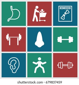 Body icons set. set of 9 body filled and outline icons such as nose, ear, stomach, x ray, barbell, father with not in shopping cart