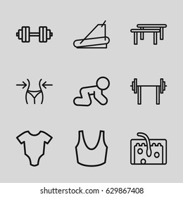 Body icons set. set of 9 body outline icons such as baby onesie, baby crawl, slim, sport bra, treadmill, hair, barbell   isolated, horizontal bar