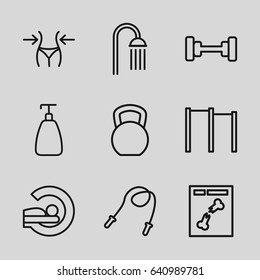 Body icons set. set of 9 body outline icons such as soap, barbell, slim, shower, mri, x ray, skipping rope, kettle bell