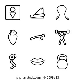 Body icons set. set of 9 body outline icons such as lips, male wc, treadmill, heart organ, power lifter, kettle bell, man doing exercises