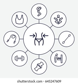 Body icons set. set of 9 body outline icons such as baby changing room, slim, sport bra, barbell, bone, skipping rope, man doing exercises