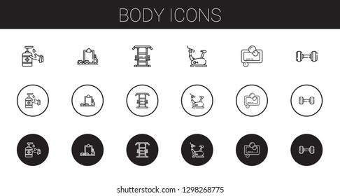 body icons set. Collection of body with antiseptic, workout, gym station, stationary bike, soap, dumbbell. Editable and scalable body icons.