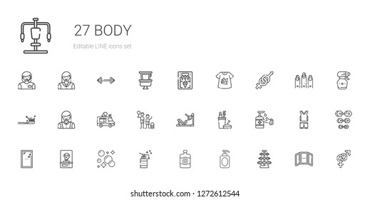 Body Icons Set. Collection Of Body With Dumbbell, Soap, Sun Lotion, Skeleton, Mirror, Antiseptic, Toothbrush, Gym Station, Family, Ice Cream Truck. Editable And Scalable Body Icons.