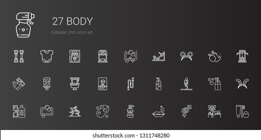 body icons set. Collection of body with gender, kiss, shampoo, soap, stationary bike, sun lotion, stretching, jumping rope, skeleton, toilet. Editable and scalable body icons.