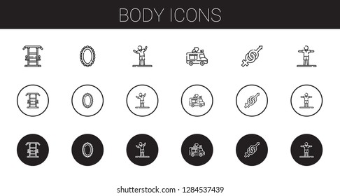 body icons set. Collection of body with gym station, mirror, stretching, ice cream truck, gender. Editable and scalable body icons.