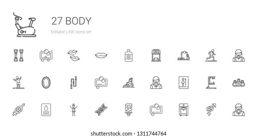 body icons set. Collection of body with ice cream machine, soap, dispenser, dna, woman, gender, toilet, treadmill, jumping rope, mirror, stretching. Editable and scalable body icons.