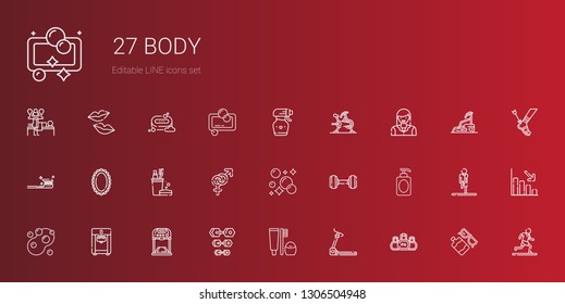 body icons set. Collection of body with kettlebell, treadmill, toothbrush, dumbbell, ice cream machine, soap, gender, mirror, tooth brush, woman. Editable and scalable body icons.