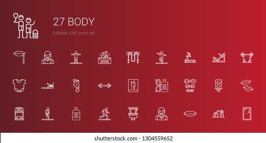 body icons set. Collection of body with lips, woman, toilet, running, sun lotion, stretching, treadmill, dumbbell, barbell, foot, tooth brush. Editable and scalable body icons.