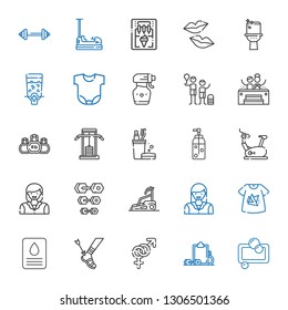 body icons set. Collection of body with soap, workout, gender, achilles, tshirt, woman, treadmill, dumbbell, stationary bike, toothbrush, gym station. Editable and scalable body icons.