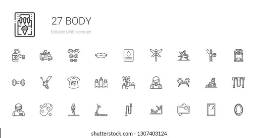 body icons set. Collection of body with soap, gym station, jumping rope, treadmill, stretching, woman, ears, massage, nails, tshirt, achilles. Editable and scalable body icons.