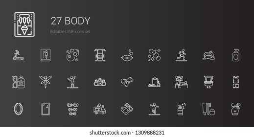 body icons set. Collection of body with soap, stretching, sun lotion, ice cream truck, dumbbell, mirror, massage, workout, bones, kettlebell. Editable and scalable body icons.