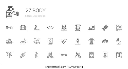 body icons set. Collection of body with treadmill, woman, barbell, soap, gender, dragonfly, gym station, stretching, bones, kiss, ice cream truck. Editable and scalable body icons.