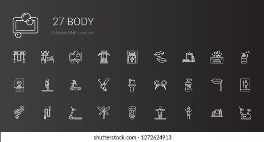 body icons set. Collection of body with woman, stretching, dispenser, dragonfly, treadmill, jumping rope, gender, shampoo, ears, toilet, achilles. Editable and scalable body icons.