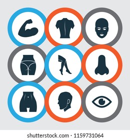 Body icons set with nose, arm, back and other view elements. Isolated vector illustration body icons.