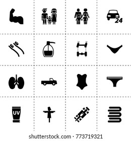 Body icons. vector collection filled body icons. includes symbols such as pickup, scarecrow, car chassis, 24/7 car service, toothbrush. use for web, mobile and ui design.