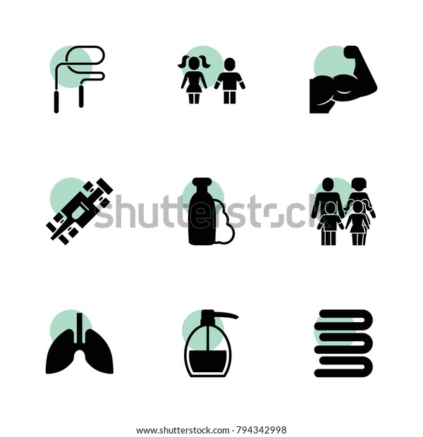 Body icons. vector\
collection filled body icons set.. includes symbols such as\
shampoo, liquid soap, towels, family, boy and girl, lungs. use for\
web, mobile and ui\
design.