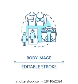 Body image concept icon. Human attractiveness idea thin line illustration. Male and female beauty standards. Self esteem, confidence. Vector isolated outline RGB color drawing. Editable stroke