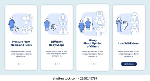 Body image perception in teen light blue onboarding mobile app screen. Walkthrough 4 steps editable graphic instructions with linear concepts. UI, UX, GUI template. Myriad Pro-Bold, Regular fonts used