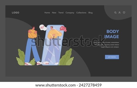 Body image struggles dark or night mode web, landing. Young man critically examines himself in the mirror. Teenage challenges of self-acceptance and self-love. Flat vector illustration
