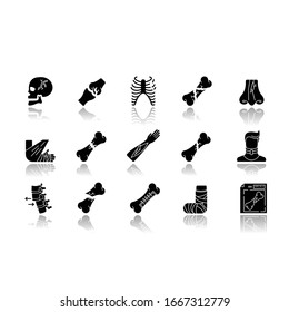 Las lesiones corporales dejan caer los iconos de glifos negros en la sombra. Brazo roto, pie. Fracturas óseas. Lesiones en el cuello y el cráneo. Herir extremidades. Romper jaula. Romper jaula. Ilustraciones vectoriales aisladas en el espacio blanco