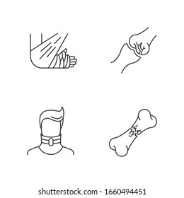 Körperverletzungen Pixel perfekte lineare Symbole gesetzt. Knochen- und Gelenkfrakturen. Halsbrocken. Halsband. Anpassbare Dünnlinienkontursymbole. Abbildungen in der Vektorillustration einzeln. Bearbeitbarer Hub