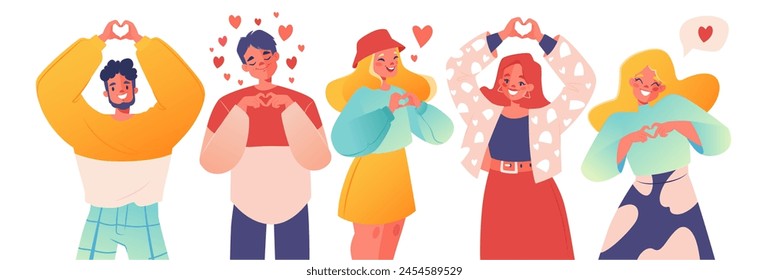 Body language. Bright illustration with characters showing heart gesture in different ways, love. Joyful, smiling, passionate people, young girls and boys. Theme of love, manifestation of feelings