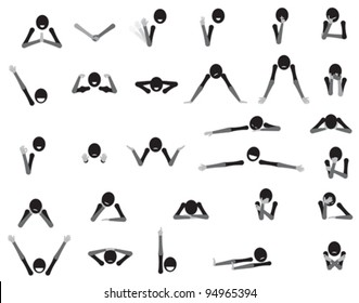Body language cartoon symbols showing various gestures and emotions expressed in different situations.