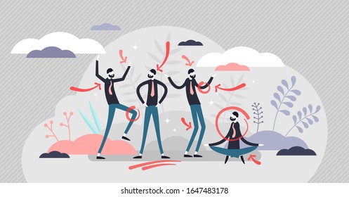 Body language concept, flat tiny person vector illustration. Human gesture expressions reading and psychological analysis. Inner intentions exposed through movement and pose. Behavior sign signals.