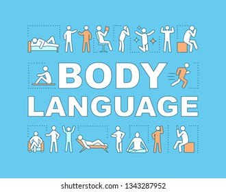 Body language concept icon. Confident postures, poses, gesturing. Nonverbal communication. Presentation, website. Isolated lettering typography idea with linear icons. Vector outline illustration