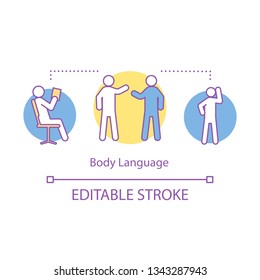 Body language concept icon. Nonverbal communication, emotion expression. Body postures, poses, hand gesturing. Idea thin line illustration. Vector isolated outline drawing. Editable stroke