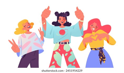 Body language concept. Joyful friendly teenage girls showing hand gestures, heart, thumbs up and victory symbol. Vector illustration with bright female characters