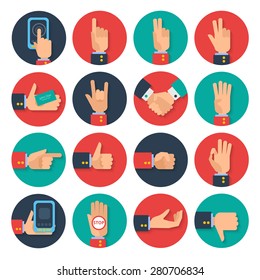 Body language hand gestures icons  tablet apps set for business card sharing symbols flat abstract vector illustration