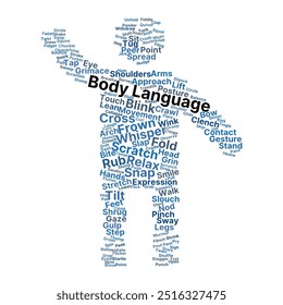 Body Language Word Cloud. Composition of Words Related to Non-Verbal Communication, Gestures, and Expressions. Key Terms and Behavioral Insights. Isolated White Background.