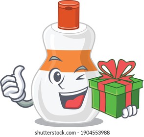 Body lotion cartoon character concept with a big gift box. Vector illustration