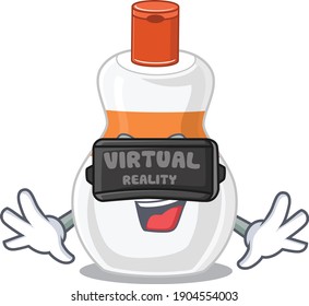 Body lotion cartoon image play a game with Virtual Reality headset. Vector illustration