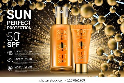 Body Lotion Cream Tubes Oil Spray Bottle. Sunblock SPF Sun UV Protection Solution Suncare. Repair Formula. Gold Cosmetics Mockup Packaging Design. Nano Molecules Background. Vector illustration