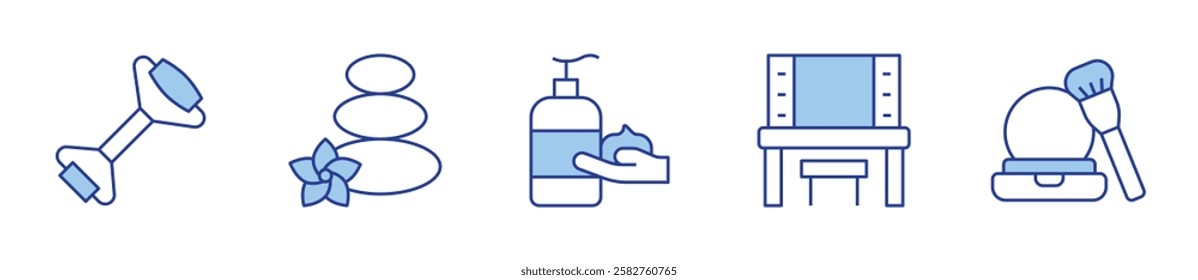 body lotion, dressing room, make up, facial roller, hot stones. Beauty Icon vector illustration. Line Duotone style. Editable stroke.