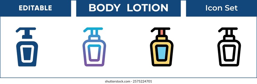 Body Lotion Icon Set. Editable Vector Icons for body lotion, skincare, cosmetics, beauty, personal care, and more. Includes line, gradient, filled, and outline styles.