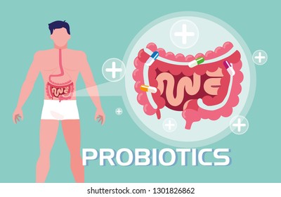 body of man with capsules medicine and digest system