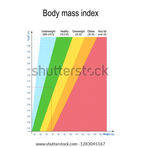 body mass index (BMI). Weight Height Chart. for women and men. Weight in kilos, height in meter. healthy lifestyle. Vector illustration for educational, science and medical use