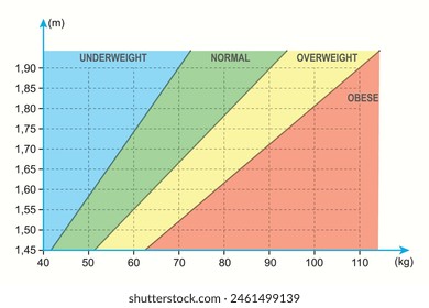 Body Mass index chart. Health lifestyle template. Height and weight chart. Dietitian chart. Mathematics, geometry, physics, exam, question.