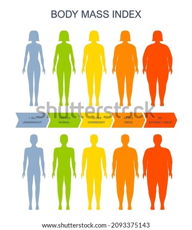 Body mass index chart, man and woman silhouette, vector BMI scale of health, obesity and overweight. Body mass index infographic on female and male fat obese weight and underweight BMI scale