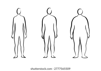 Body mass index concept. Man silhouettes with obese, normal and slim fit. BMI ranges from overweight to underweight male persons. Adult people with different weight. Fat level flat vector illustration