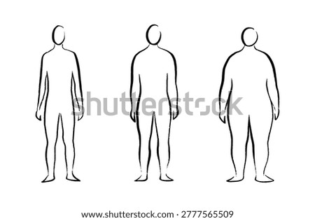 Body mass index concept. Man silhouettes with obese, normal and slim fit. BMI ranges from overweight to underweight male persons. Adult people with different weight. Fat level flat vector illustration