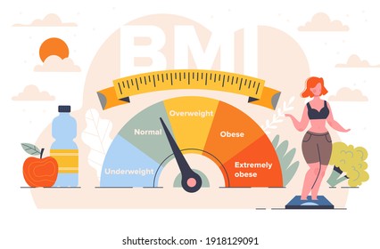 Body mass index control abstract concept. Woman and obese chart scales. Pretty young woman on diet trying to control body weight with BMI. Flat cartoon vector illustration