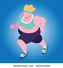 Concepto abstracto del control de la masa corporal. escalas obesas. Bastante joven en dieta tratando de controlar el peso corporal. Ilustración vectorial de dibujos animados planos