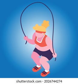 Concepto abstracto del control de la masa corporal. escalas obesas. Bastante joven en dieta tratando de controlar el peso corporal. Ilustración vectorial de dibujos animados planos